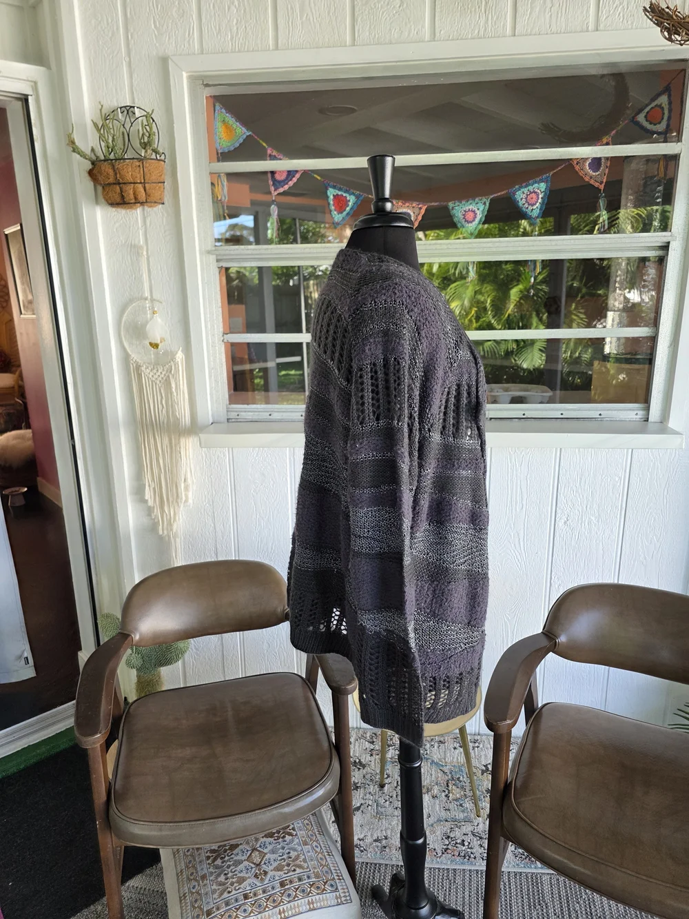 Free People XS Rare Woven Open-Front Textured Knit Cardigan Charcoal Gray